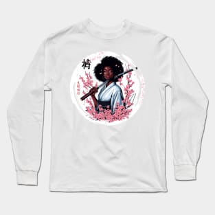 Afroamerican Girl in Kimono with Katana: A Meeting of Cultures Long Sleeve T-Shirt